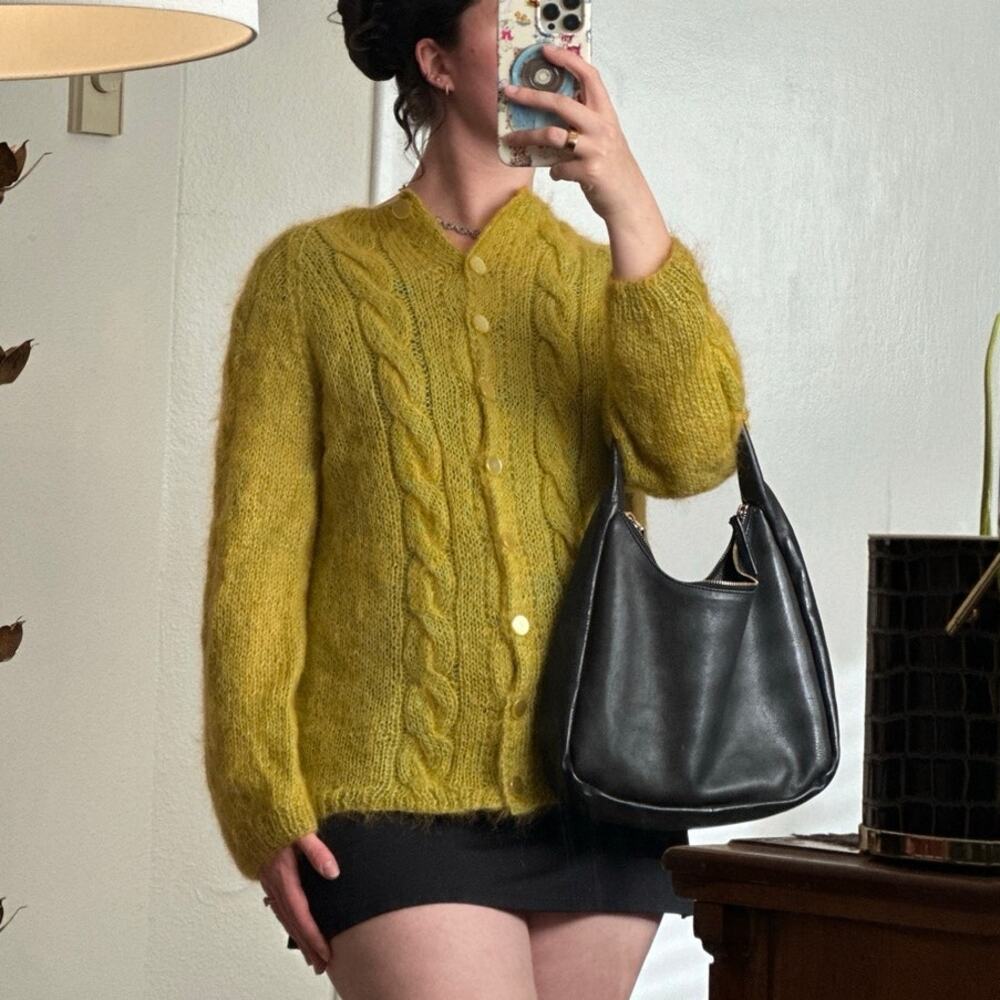 Gorgeous Hand Knit Mohair Chartreuse Green Yellow Cardigan Sweater Vintage